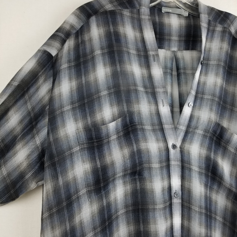 Vince Twilight Shadow Plaid Silk  V-neck Long Sleeve Tunic Top Sz XL - Picture 8 of 14
